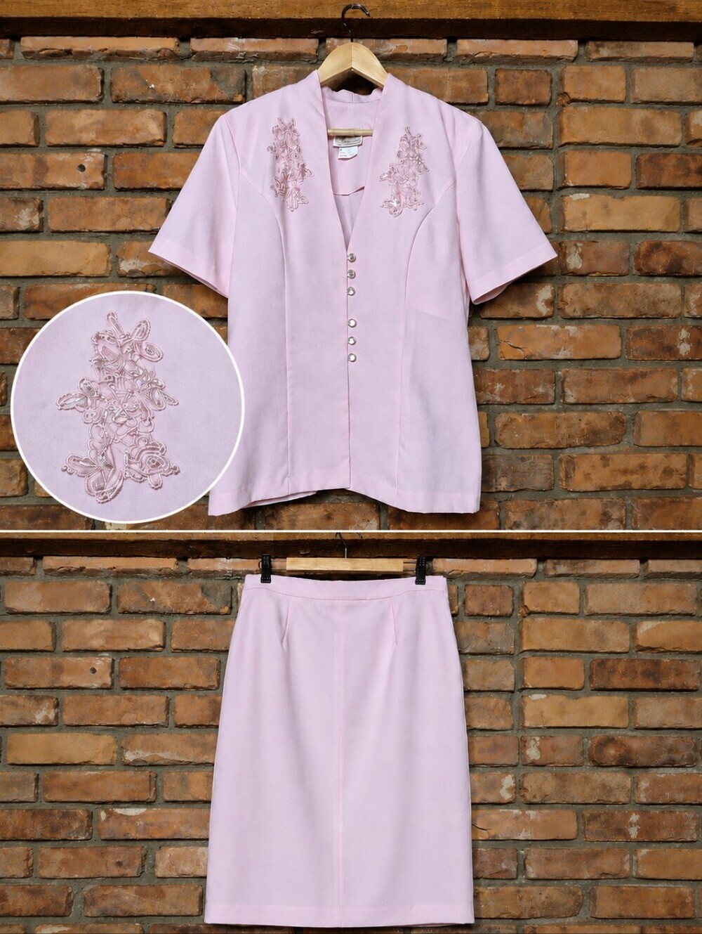 Vintage 90s Blush Pink Skirt Suit Set Size 18 Embellished Modest Occasion